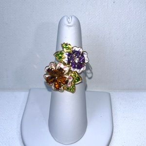 NWT Genuine Madeira Citrine Amethyst Enamel Floral Designer Statement Ring Boho